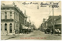 Downtown Napa in 1906. 08340-Napa, Cal.-1906-Corner Main and Second Street-Bruck & Sohn Kunstverlag.jpg
