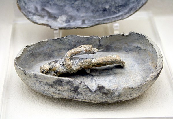Ancient Greek cursed object against enemies in a trial, written on a lead figurine put in a lead box, 420-410 BC, Kerameikos Archaeological Museum, At