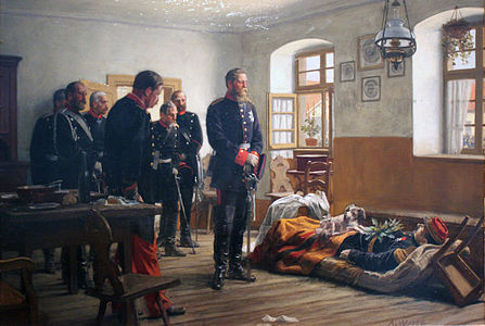 Prince Friedrich Wilhelm contemplating the corpse of General Abel Douay on 4 August 1870 label QS:Len,"Prince Friedrich Wilhelm contemplating the corpse of General Abel Douay on 4 August 1870" label QS:Lde,"Friedrich Wilhelm an der Leiche Abel Douays" 1888-89