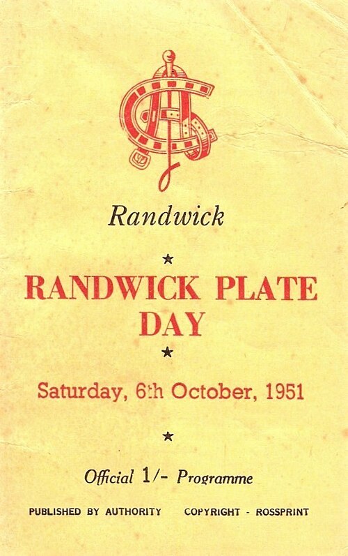 1951 Randwick Plate racebook front cover