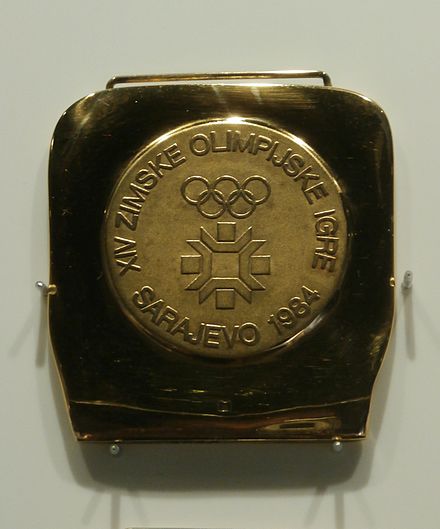 A gold medal from the 1984 Winter Olympics.