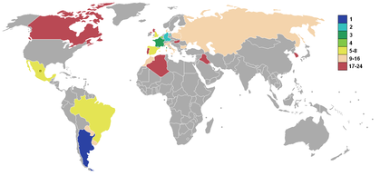 Map of results
Champion
Runner-up
Third place
Fourth place
Quarter-finals
Round of 16
Group stage 1986 world cup.png