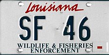 License plate of the Louisiana Department of Wildlife & Fisheries - Enforcement Division 1993 Louisiana license plate SF 46 Game Warden.jpg