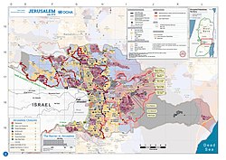 Valilikteki İsrail işgal düzenlemelerini gösteren bölgenin 2018 Birleşmiş Milletler haritası
