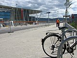 Neubau eines Fußballstadions für den Sportclub Freiburg, im Vordergrund die Achim-Stocker-Straße