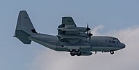 A United States Marine Corps KC-130J, registration number 169535, on final approach at Kadena Air Base in Okinawa, Japan. The aircraft belongs to VMGR-152 at Marine Corps Air Station Iwakuni.