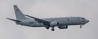 A US Navy P-8 Poseidon, tail number 168429, on final approach at Kadena Air Base in Okinawa, Japan.