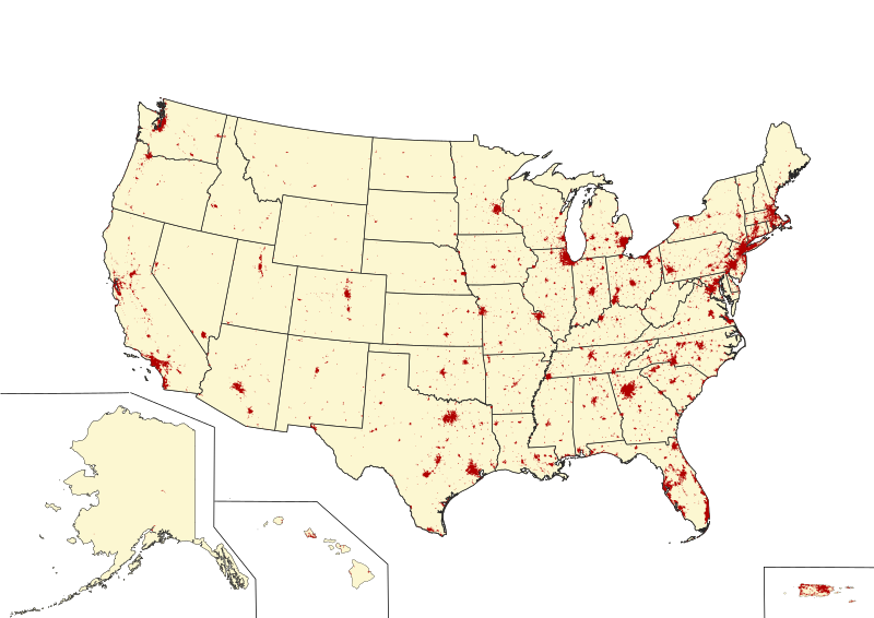 Urban areas of the United States as of the 2020 census.