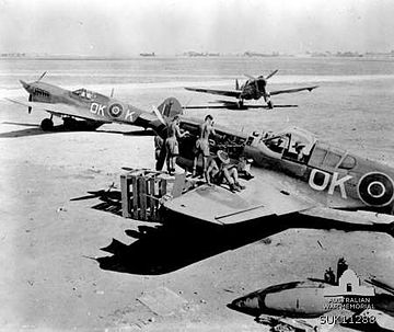 Several men in shorts working on a single-engined fighter plane; two other fighters are parked a short distance away