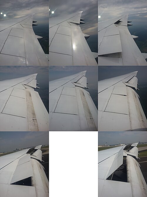 Wing trailing edge flight control surfaces of a Boeing 747-8. Top left: All surfaces at neutral position; Top middle: Right aileron is lowered; Top ri