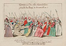 An illustration of the Women's March on Versailles, 5 October 1789. A Versailles, a Versailles 5 octobre 1789 - Restoration.jpg