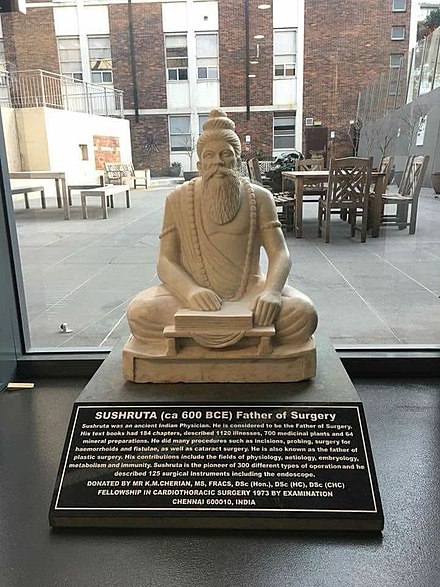 A statue of Sushruta (600 BCE), author of Sushruta Samhita and the founding father of surgery, at Royal Australasian College of Surgeons (RACS) in Melbourne, Australia