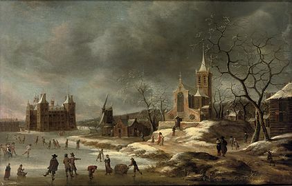 A winter landscape with activities on the ice near Castle Buren, in Gelderland label QS:Len,"A winter landscape with activities on the ice near Castle Buren, in Gelderland" label QS:Lpl,"Pejzaż zimowy z aktywnością na lodzie w pobliżu zamku Buren, w Gelderlandii" label QS:Lnl,"Winterlandschap met schaatsers bij Huis Buren" 1637-1666. oil on canvas medium QS:P186,Q296955;P186,Q12321255,P518,Q861259 . 85.6 × 131.2 cm (33.7 × 51.6 in). Amsterdam, Christie's (13 April 2010).