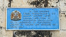Plaque at the Abbott's lodge Abbot's lodge plaque at Gloucester Cathedral.jpg