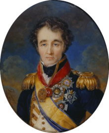 Oval painting of a hatless man with curly hair and thick eyebrows. He wears a blue naval uniform with a white waistcoat, gold sash and epualettes, and a number of decorations.