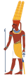 Full-length profile of man in ancient Egyptian clothing. He has red-brown skin and wears a helmet with tall yellow plumes.