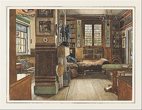 Bibliothèque de Sir Lawrence Alma-Tadema à Townshend House, Londres (1884), aquarelle et gouache, New York, Cooper–Hewitt, Smithsonian Design Museum.