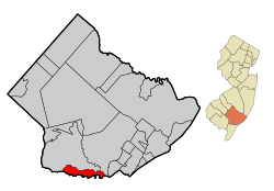 Location of Corbin City in Atlantic County highlighted in red (left). Inset map: Location of Atlantic County in New Jersey highlighted in orange (right).