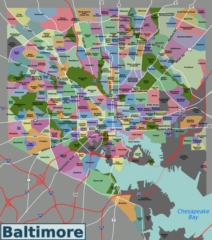 A map of Baltimore with the official city-designated Baltimore neighborhoods, by the Baltimore City Dept. of Planning