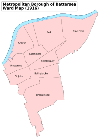 A map showing the wards of Battersea Metropolitan Borough as they appeared in 1916. Battersea Met. B Ward Map 1916.svg