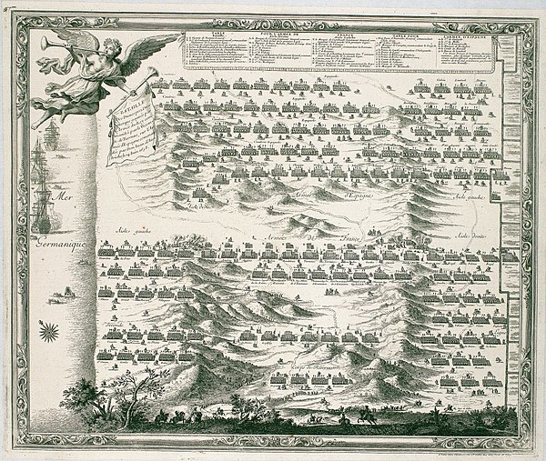 Battle of the Dunes 1658 - 1698 engraving by Sebastian Beaulieu, showing the Spanish deployment at top and French below.