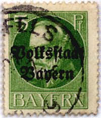 Postage stamp of Bavaria's King Ludwig III with the overprint Volksstaat Bayern
(People's State of Bavaria) Bayern - Konig Ludwig III - 5 Pf - 1918 - Volksstaat Bayern.jpg