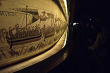 The Bayeux Tapestry in its museum in Bayeux, France. Bayeux Tapestry in the museum.jpg