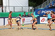 Deutsch: Beachhandball Europameisterschaften 2019 (Beach handball Euro); Tag 2: 3. Juli 2019 – Frauen, Vorrunde Gruppe D, Ukraine-Deutschland 2:0 (23:22, 32:24) English: Beach handball Euro; Day 2: 3 July 2019 – Women Preliminary Round Group D – Ukraine-Germany 2:0 (23:22, 32:24)