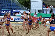 Deutsch: Beachhandball Europameisterschaften 2019 (Beach handball Euro); Tag 5: 6. Juli 2019 – Frauen, Halbfinale, Ungarn-Niederlande 2:0 (19:16, 15:12) English: Beach handball Euro; Day 5: 6 July 2019 – Semifinal Women – Hungary-Netherlands 2:0 (19:16, 15:12)