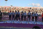 Deutsch: Beachhandball bei den Olympischen Jugendspielen 2018 in Buenos Aires; Tag 7, 13. Oktober 2018; Medaillenzeremonie Mädchen - Gold: Argentinien, Silber: Kroatien, Bronze: Ungarn English: Beach handball at the 2018 Summer Youth Olympics in Buenos Aires at 13 October 2018 – Medal Ceremony Girls - Gold: Argentina, Silver: Croatia, Bronze: Hungary Español: Handball de playa en los Juegos Olimpicos de la Juventud Buenos Aires 2018 en 13 de octubre de 2018 – Medalla Ceremonia para niñas - Oro: Argentina, Plata: Croacia, Bronce: Hungría