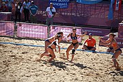 Deutsch: Beachhandball bei den Olympischen Jugendspielen 2018; Tag 3, 10. Oktober 2018; Mädchen, Vorrunde, Gruppe B - Niederlande-Argentinien 2:0 English: Beach handball at the 2018 Summer Youth Olympics at 10 October 2018 – Girls Preliminary Round Group B‎ – Netherlands-Argentina 2:0