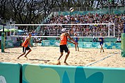 Deutsch: Beachvolleyball bei den Olympischen Jugendspielen 2018; Tag 11, 17. Oktober 2018; Jungen,Finale – Niederlande (Matthew Immers/Yorick de Groot)-Schweden (David Åhman/Jonatan Hellvig) 0:2 (20–22/15–21) English: Beach volleyball at the 2018 Summer Youth Olympics at 17 October 2018 – Final – Netherlands (Matthew Immers/Yorick de Groot)-Sweden (David Åhman/Jonatan Hellvig) 0:2 (20–22/15–21)