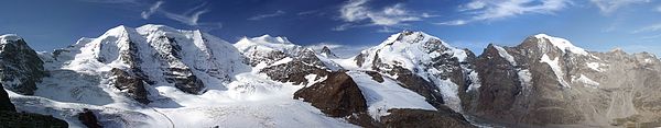 Panorama from Diavolezza. From left to right: Piz Palü, Bellavista, Crast' Agüzza (small rocky peak in the middle), Piz Bernina and Piz Morteratsch