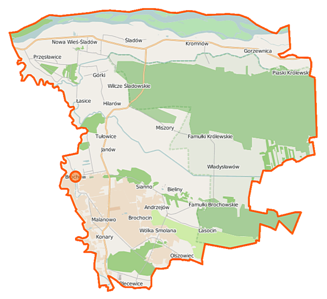 Mapa konturowa gminy Brochów, po lewej nieco na dole znajduje się punkt z opisem „Kościół św. Rocha i św. Jana Chrzciciela”