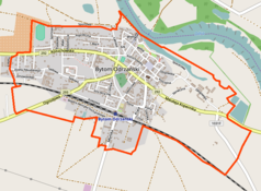 Mapa konturowa Bytomia Odrzańskiego, blisko centrum na dole znajduje się punkt z opisem „Stacja kolejowa”