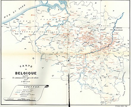 Carte des communes belges où la vigne a été cultivée avant le XIXème siècle