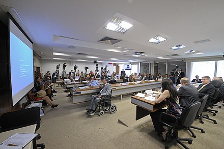 Senate of Brazil committee room during a meeting of the Education, Culture and Sport Committee in 2014. The committee holds a public hearing to discuss the Orthographic Agreement for the Portuguese Language, signed in 1990 and implemented in January 2016. The new rules must apply for the eight countries that have Portuguese as an official language, including Brazil, Portugal, etc.