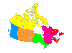 The six geographical regions of Canada defined by Statistics Canada:
.mw-parser-output .legend{page-break-inside:avoid;break-inside:avoid-column}.mw-parser-output .legend-color{display:inline-block;min-width:1.25em;height:1.25em;line-height:1.25;margin:1px 0;text-align:center;border:1px solid black;background-color:transparent;color:black}.mw-parser-output .legend-text{}
Atlantic
Quebec
Ontario
Prairies
British Columbia
Territories Canada provinces Regionl.png