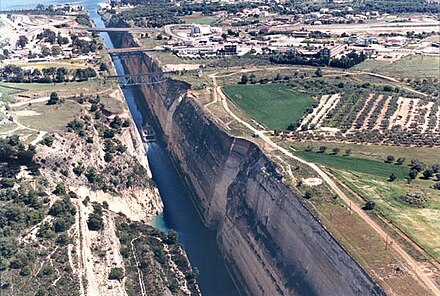 The Corinth Canal seen from the air, showing the steep limestone walls which proved vulnerable to landslides