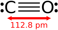 A model of the carbon monoxide molecule. Carbon monoxide 2D.svg