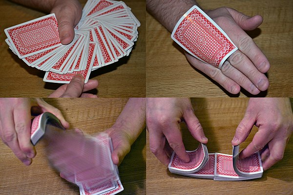 Card trick. Upper left: "Pick a card, any card". Upper right: Back-palming a card. Bottom left: A "spring" flourish. Bottom right: Mixing the cards al