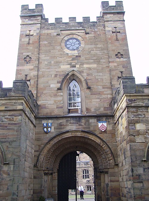 Durham Castle. Left: arms of the See of Durham; right: Argent three chevronels gules a label of three points azure, arms of Shute Barrington, Bishop o