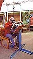 Chaim Goldberg, woodengraving in his outdoor studio, Houston, TX, circa 1977.