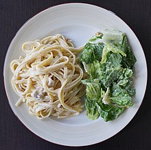 Fettuccine Alfredo with chicken (left) Chicken fettuccine alfredo.JPG