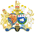 Kombinierte Wappen von Charles und Camilla anlässlich ihrer Hochzeit (in der Form gültig 2011–2022, da es den Schild ihres Gatten als Prince of Wales zeigt, und unten den Schild des Duchy of Cornwall)