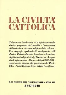 Copertina giallo chiaro della Civiltà Cattolica.  Il titolo della rivista in grande stampa marrone su due righe occupa la parte inferiore del primo quarto della parte superiore della pagina.  Al centro gli articoli del numero su 9 righe e in caratteri neri centrati più piccoli.  In basso, il mese, l'anno, la periodicità (Quindicinale: la rivista compare ogni due settimane), e il numero di anni di pubblicazione (157).  Le cifre del numero sottostante in caratteri più grandi in grassetto.