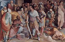 Ein Fresco von Beccafumi im Palazzo Pubblico in Siena zeigt Ahala, der dem Cincinnatus den toten Maelius präsentiert.
