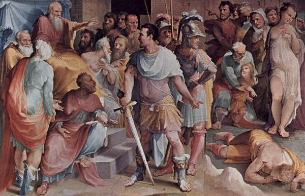 Beccafumi's Ahala, Master of the Horse, Presents the Dead Maelius to Cincinnatus, a fresco in Siena's Public Palace