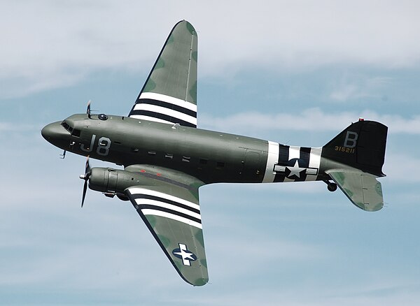 A retired US Air Force C-47A Skytrain, the military version of the DC-3, on display in England in 2010. This aircraft flew from a base in Devon, Engla