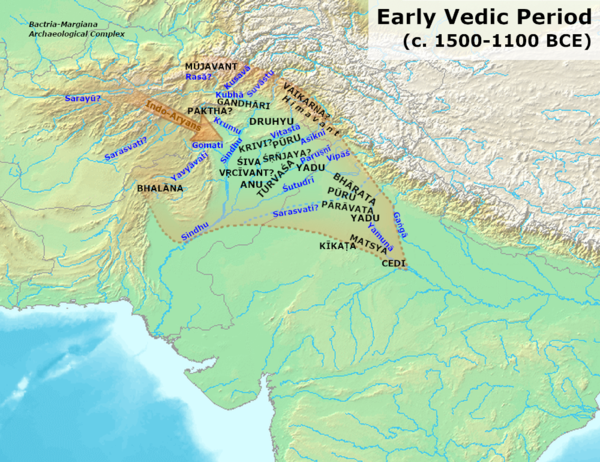 A map of tribes and rivers mentioned in the Rigveda.